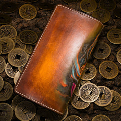 Handmade Leather Tooled Golden Toad Mens Chain Biker Wallet Cool Leather Wallet Long Phone Wallets for Men