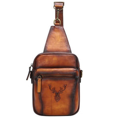 Vintage Brown Leather Deer Womens Men's Sling Bag Chest Bag Sling Pack Sling Backpack For Men - iwalletsmen