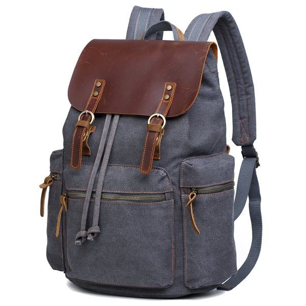 Canvas Leather Women Mens 16" Gray Travel Backpack Brown Computer Bag College Backpack for Men - iwalletsmen