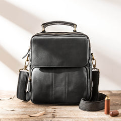 Black Leather Mens Vertical Small Briefcase Work Handbag Side Bag Business Shoulder Bag for Men - iwalletsmen