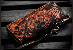 Handmade Leather Tooled Black and White Mens Chain Biker Wallet Cool Leather Wallet Long Phone Wallets for Men