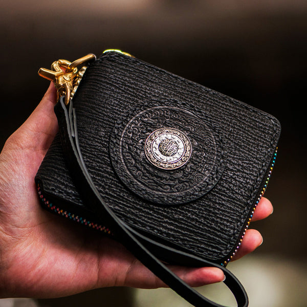 Handmade Leather Small Tooled Mens billfold Wallet Cool Chain Wallet Biker Wallet for Men