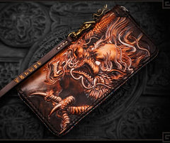 Handmade Leather Tooled Chinese Dragon Mens Chain Biker Wallet Cool Leather Wallet Long Phone Wallets for Men