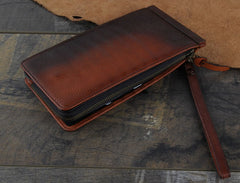 Genuine Leather Mens Cool Long Leather Wallet Cards Phone Zipper Clutch Wristlet Wallet for Men