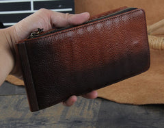 Genuine Leather Mens Cool Long Leather Wallet Cards Phone Zipper Clutch Wristlet Wallet for Men