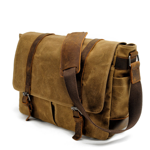 Waxed Canvas Leather Mens Waterproof 14'' Computer Black Side Bag Messenger Bag For Men - iwalletsmen