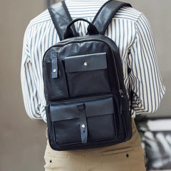 Casual Black Mens Leather School Backpacks Travel Backpacks 14-inch Laptop Backpack for men - iwalletsmen