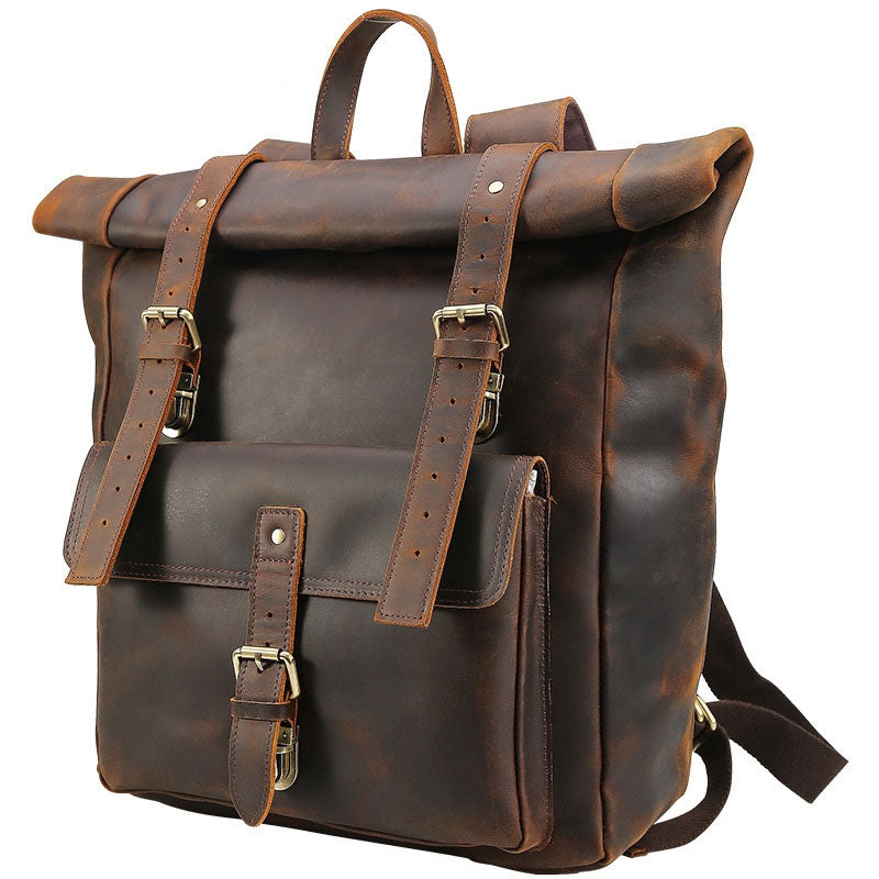 Cool Leather Coffee Rolltop Mens Backpacks Travel Backpack Vintage Backpack for Men - iwalletsmen