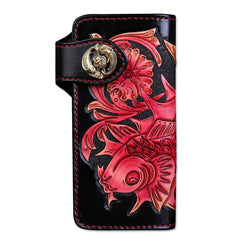 Handmade Mens Cool Tooled Carp Leather Chain Wallet Biker Trucker Wallet with Chain