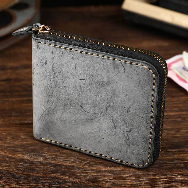 Retro Handmade Mens Zipper Black billfold Wallet Brown Bifold Card Wallet Small Wallet For Men - iwalletsmen