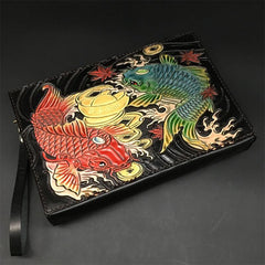 Black Handmade Tooled Leather Wolf Clutch Wallet Wristlet Bag Clutch Purse For Men - iwalletsmen