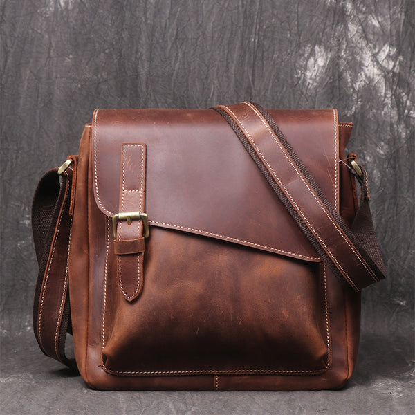 Vintage Leather Men's Small Side Bag Vertical Messenger Bag Shoulder Bag For Men - iwalletsmen