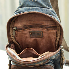 Fashion Denim Blue Mens Sling Bag Chest Bags Denim Sling Pack One Shoulder Backpacks For Men - iwalletsmen