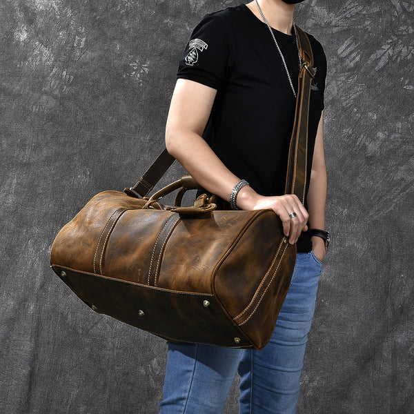 Retro Brown Leather Men's Business Overnight Bag Large Travel Bag Coffee Duffel Bag Weekender Bag For Men - iwalletsmen