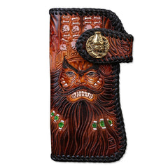 Handmade Mens Cool Tooled Zhong Kui demon Leather Chain Wallet Biker Trucker Wallet with Chain