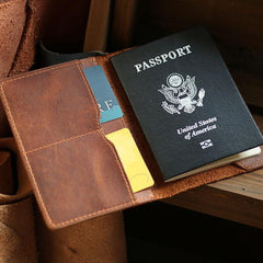 Casual Brown Handmade Leather Mens Bifold Passport Holder Travel Wallet Holder For Men - iwalletsmen