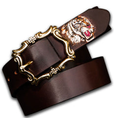 Handmade Genuine Leather Mens Tooled Tiger Belt Custom Cool Leather Men Black Belt for Men
