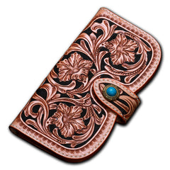 Handmade Leather Tooled Floral Mens Clutch Wallet Cool Wallet Long Wallets for Men Women