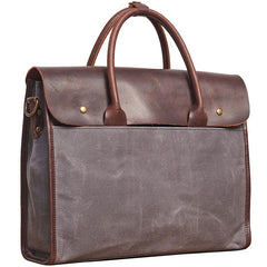 Mens Gray Canvas Leather Briefcase Handbag Work Bag Business Bag for Men - iwalletsmen