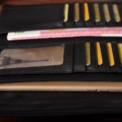 Handmade Leather Mens Cool Long Leather Wallet Trifold Clutch Wallet for Men