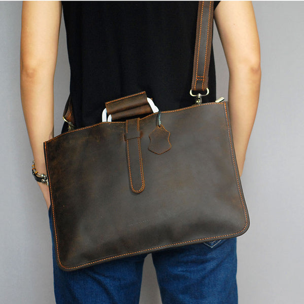 Leather Mens Dark Brown Briefcase 13'' Laptop Bag Red Brown Side Bag Handbag For Men - iwalletsmen