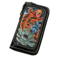 Handmade Leather Carp Mens Chain Biker Wallet Cool Leather Wallet Long Phone Wallets for Men