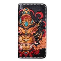 Handmade Leather Mens Clutch Wallet Tooled Cool Monster Wallet Long Zipper Wallets for Men
