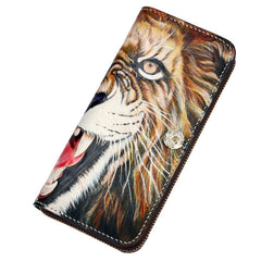 Handmade Leather Tooled Tiger Mens Chain Zipper Biker Wallet Cool Leather Wallet Long Phone Wallets for Men