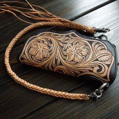 Handmade Leather Biker Wallet Tooled Floral Mens Cool Chain Wallet Trucker Wallet with Chain