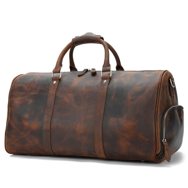 Cool Vintage Brown Leather Men Barrel Overnight Bags Travel Bags Weekender Bags For Men - iwalletsmen