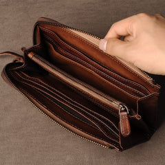 Genuine Leather Mens Cool Long Leather Wallet Cards Phone Zipper Clutch Wristlet Wallet for Men