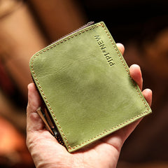 slim wallet leather​ Handmade Green Leather Wallet with Zipper Mens Slim Leather Wallet Front Pocket Mens Wallet