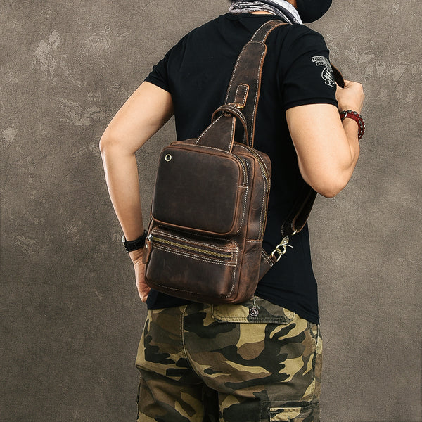 Cool Leather Mens 10" Brown Sling Bag Chest Bag Dark Coffee One Shoulder Backpack for Men - iwalletsmen