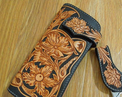 Handmade Leather Biker Wallet Tooled Floral Mens Cool Chain Wallet Trucker Wallet with Chain