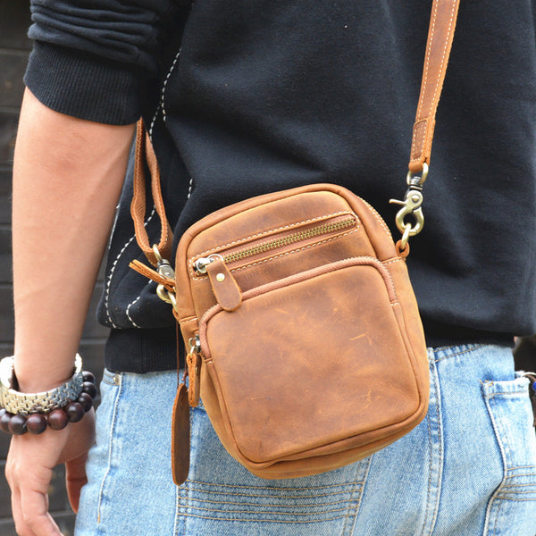 Vintage Brown Leather Men's Belt Pouches Cell Phone Holsters Mini Side Bag For Men - iwalletsmen
