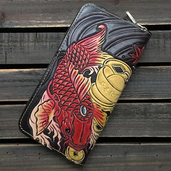 Black Handmade Tooled Leather Double Carp Clutch Long Wallet Zipper Wallet For Men - iwalletsmen