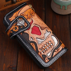 Handmade Leather Skull Mens Chain Biker Wallet Cool Leather Wallet Long Tooled Wallets for Men