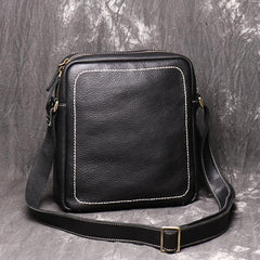 Black Cool Leather 10 inches Small Zipper Messenger Bag Vertical Shoulder Bag Dark Brown Side Bag For Men - iwalletsmen