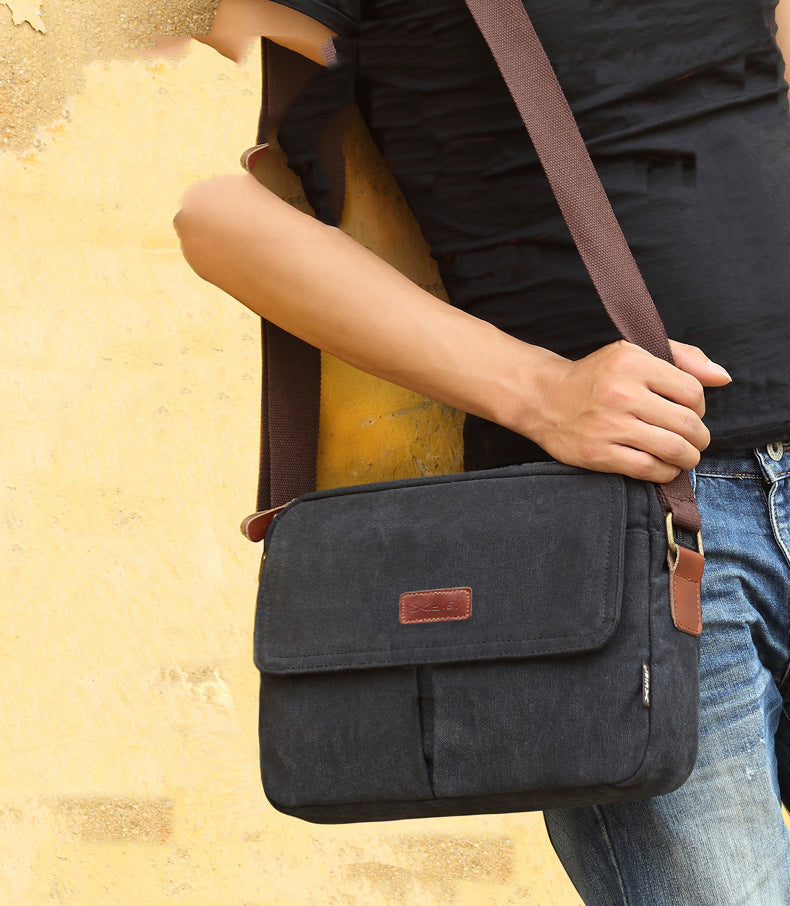 Cool Canvas Leather Mens Small Black Tablet Bag Shoulder Bag Gray Side Bag Messenger Bag for Men - iwalletsmen