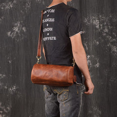 Light Brown Leather Mens Barrel Shoulder Bag Side Bag Messenger Bag For Men - iwalletsmen