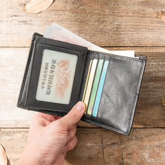 Black Cool Leather Mens Slim Small Wallets Bifold Vintage billfold Wallet Card Wallet for Men - iwalletsmen