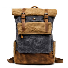 Cool Waxed Canvas Leather Mens Black 15'' Large Waterproof Travel Backpacks Computer Hiking Backpack for Men - iwalletsmen