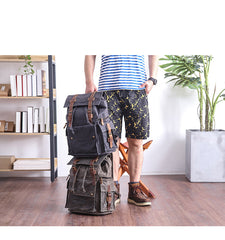 Waxed Canvas Leather Mens Gray Waterproof 15‘’ Large Backpack Travel Backpack College Backpack for Men - iwalletsmen