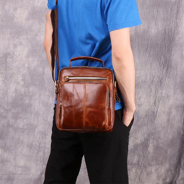 Cool Brown Leather Men's Small Vertical Side Bag Blue Vertical Messenger Bag For Men - iwalletsmen
