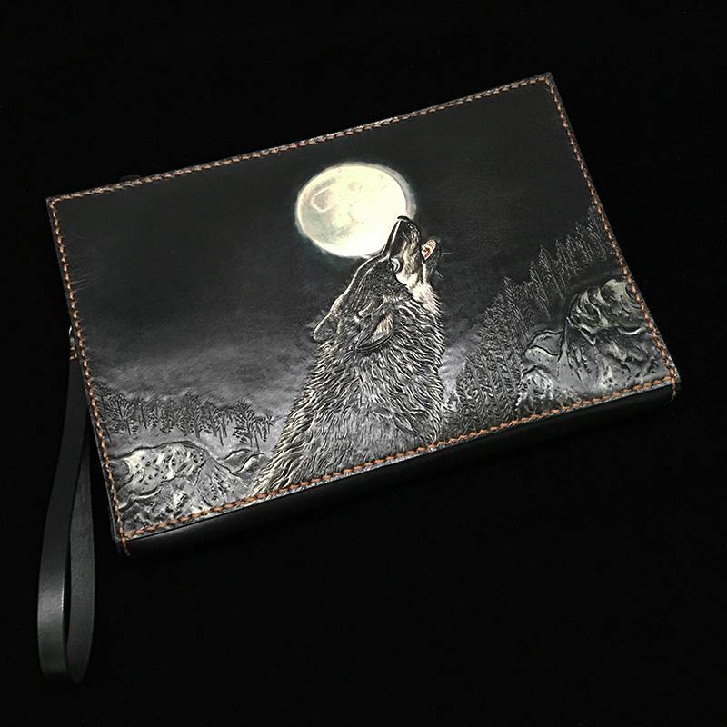 Black Handmade Tooled Leather Double Carps Clutch Wallet Wristlet Bag Clutch Purse For Men - iwalletsmen
