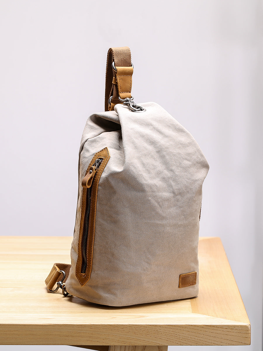 Canvas Leather Mens White Chest Bag One Shoulder Backpack Green Sling Bag for Men - iwalletsmen