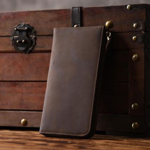 Handmade Leather Mens Cool Long Leather Wallet Zipper Clutch Wallet for Men - iwalletsmen