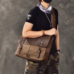 Canvas Leather Mens Womens Green Briefcase Side Bag Brown Messenger Bag Shoulder Bag For Men - iwalletsmen