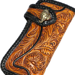 Handmade Mens Cool Tooled Floral Leather Chain Wallet Biker Trucker Wallet with Chain