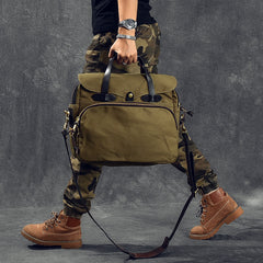 Canvas Leather Mens Khaki Briefcase 15'' Side Bag Messenger Bag Shoulder Bag For Men - iwalletsmen